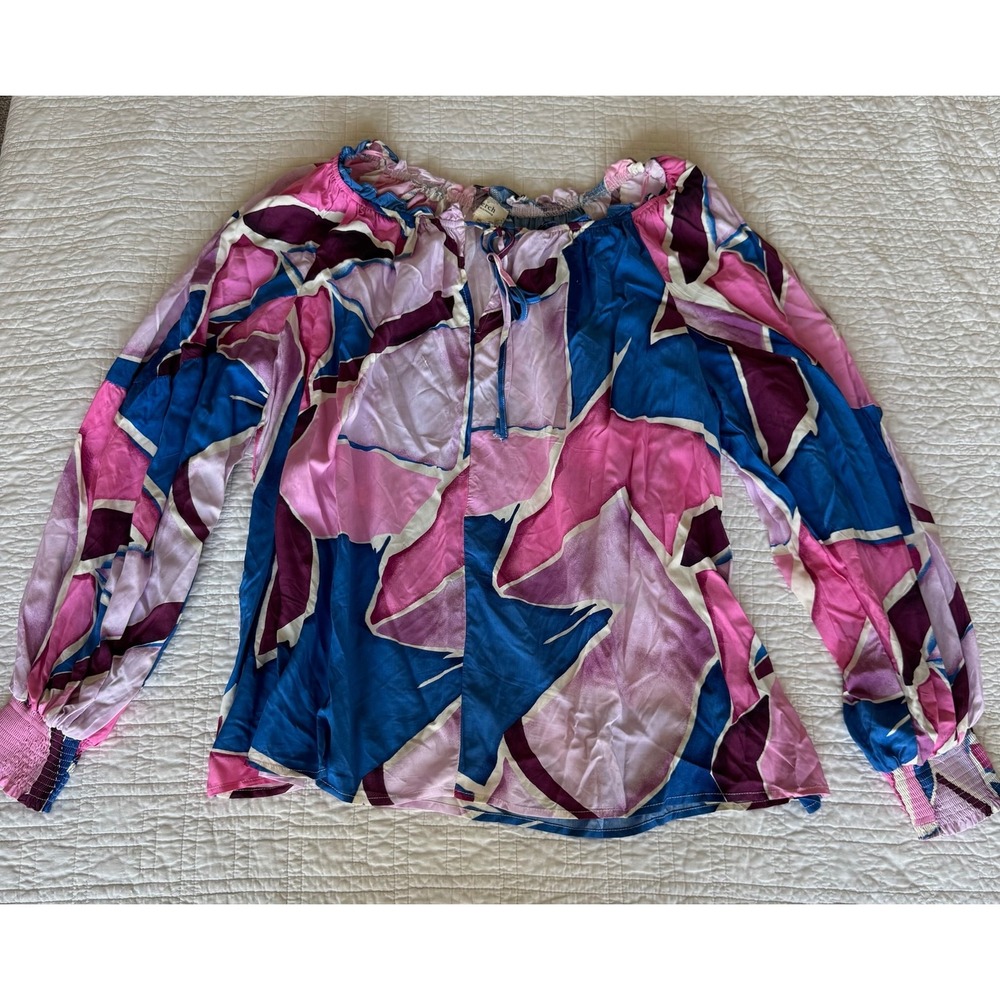 Perch by Blu Pepper Abstract Geometric Tie‎ Neck Peasant Blouse Pink Blue 3XL